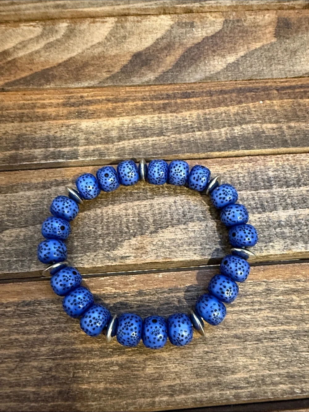 Set of 2 Handmade Blue Beaded Stretch Bracelets – Lava Stone & Faceted Beads
